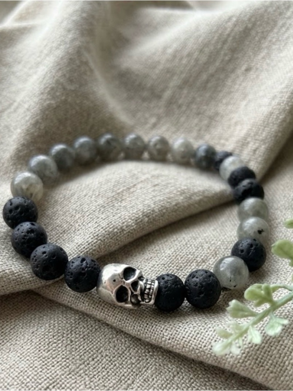 Skull Accent Lava Stone and Labradorite Bead Stretch Bracelet